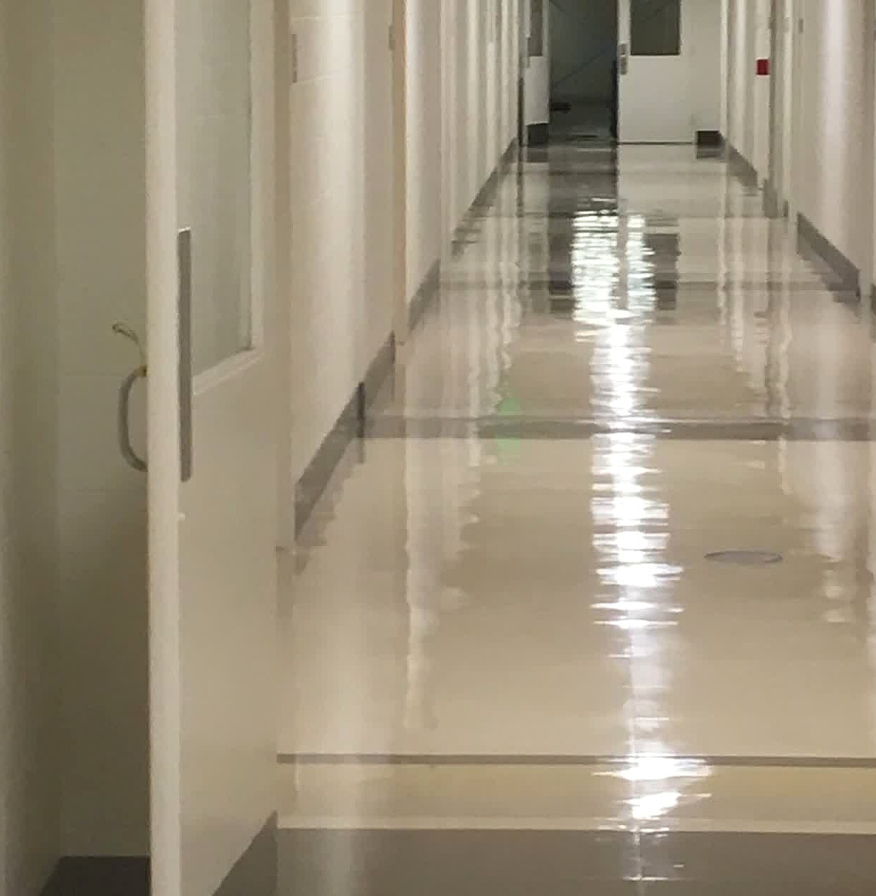 Long corridor after Contro wet-look burnish — reflections down the hall