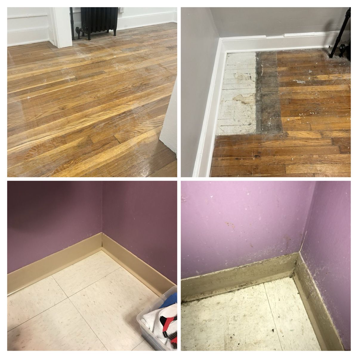 Top left: hardwood during screen and recoat. Top right: hardwood before, at assessment. Bottom left: VCT after scrubbing and cleaning. Bottom right: VCT before scrubbing and cleaning.
