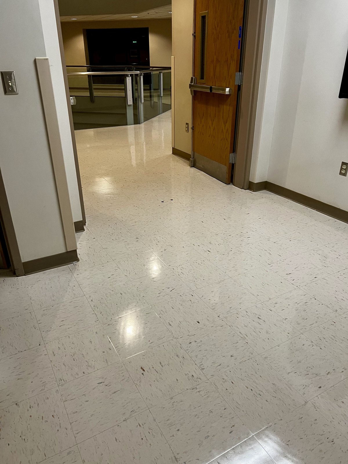 Institutional hallway VCT after high-gloss refinish