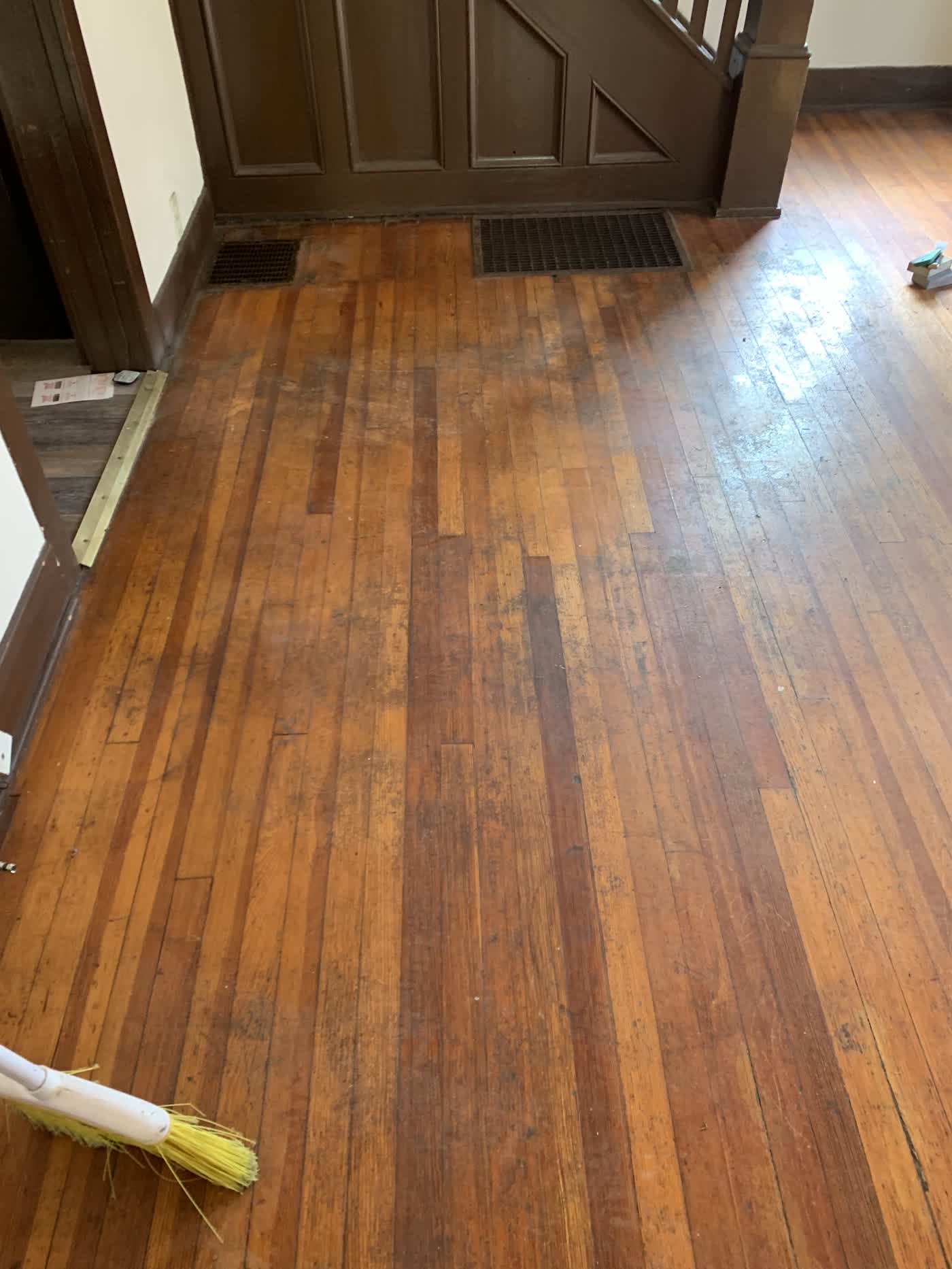 Contaminated hardwood floor — dirty before screen and recoat