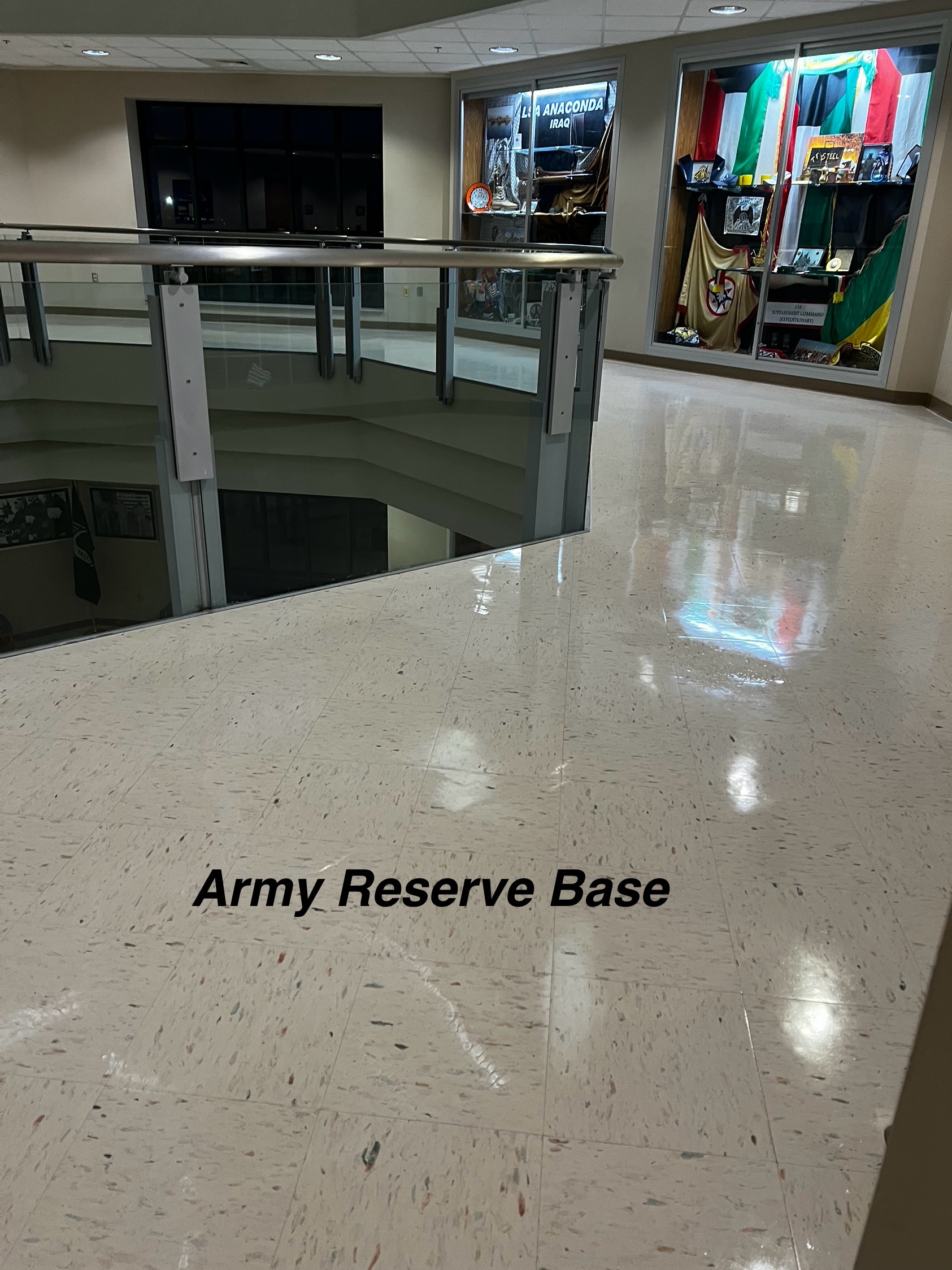 Army Reserve Base — atrium hallway with display cases