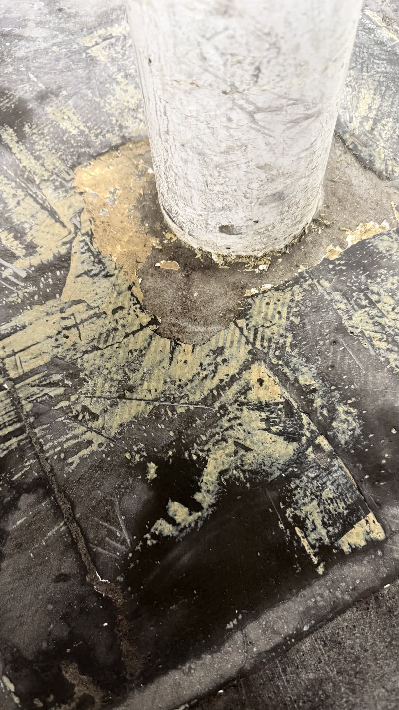 Carpet glue and cutback adhesive around column on concrete slab