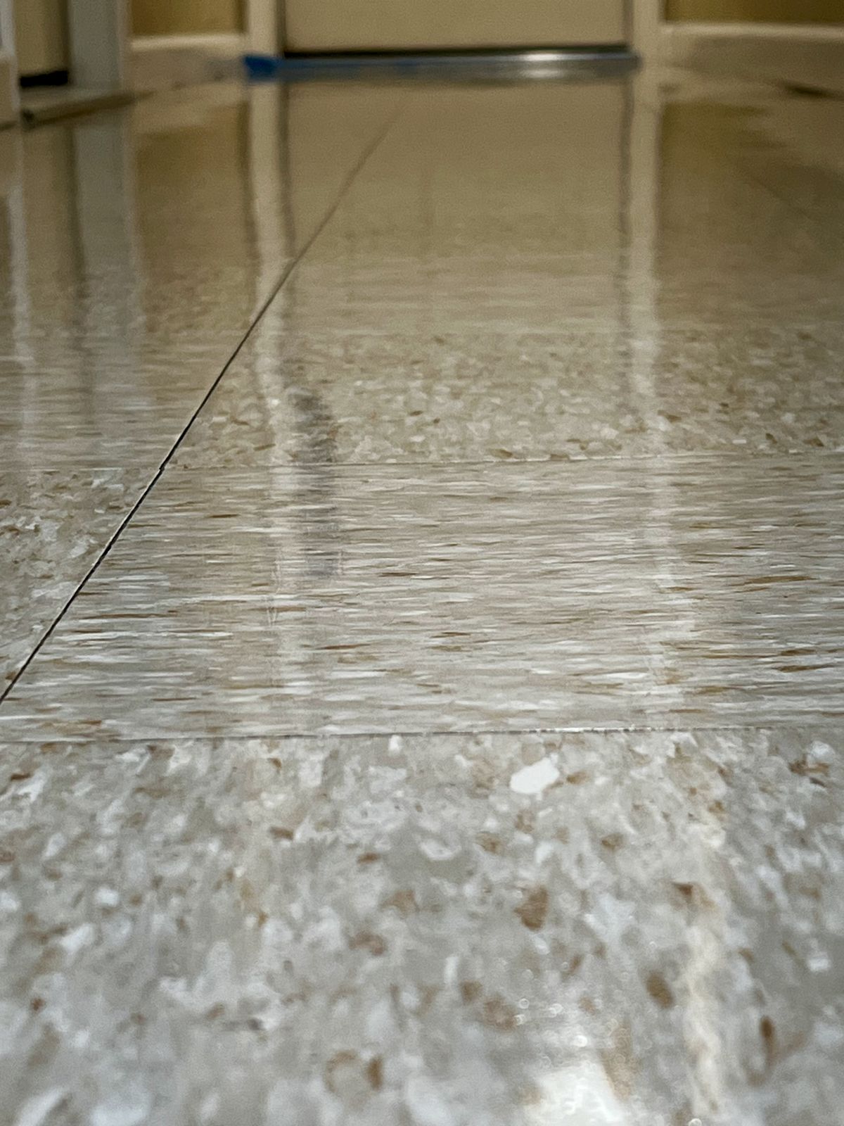 Close-up of chip aggregate floor with a high-gloss finish