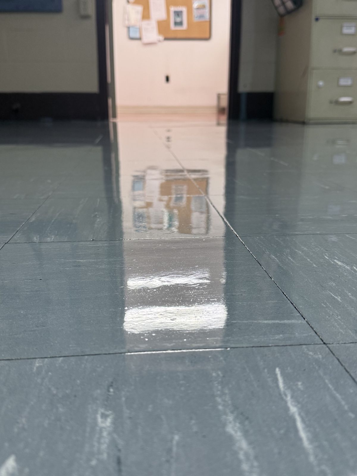 Low-angle view of gray VCT with a mirror-like reflection
